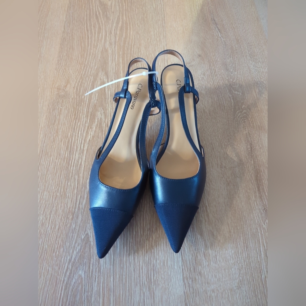 C. Paravano Cap Toe Sling Back Helen Kitten Heel 9.5, 10.5 Navy Shoes NWOB - Picture 10 of 16